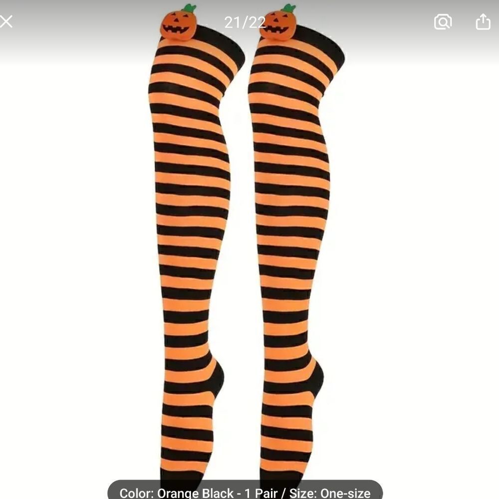 Halloween Orange and Black Over Knee Long Striped Thigh High Socks w/Pumpkins